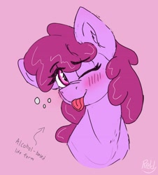 Size: 2716x3008 | Tagged: safe, artist:reddthebat, imported from derpibooru, berry punch, berryshine, earth pony, pony, ;p, blushing, bust, drunk bubbles, eye clipping through hair, eyebrows, eyebrows visible through hair, female, looking at you, mare, one eye closed, pink background, signature, simple background, smiling, smiling at you, solo, tongue out, wink, winking at you