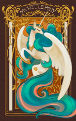 Size: 1195x1901 | Tagged: safe, artist:coypuppy, imported from derpibooru, princess celestia, alicorn, pony, crown, eyes closed, female, g4, hoof shoes, jewelry, mare, modern art, nouveau, princess shoes, regalia, signature, solo, spread wings, wings