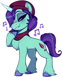 Size: 590x734 | Tagged: safe, artist:esmeia, imported from derpibooru, pony, unicorn, beatnik, beret, chest fluff, clothes, female, g5, hair over one eye, hat, mare, music notes, onyx, scarf, simple background, solo, transparent background, unshorn fetlocks