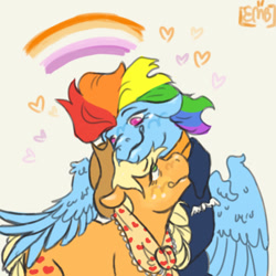 Size: 640x640 | Tagged: safe, artist:moth-in-the-broth, imported from derpibooru, applejack, rainbow dash, earth pony, pegasus, the last problem, appledash, clothes, female, lesbian, pride flag, rainbow, scarf, shipping