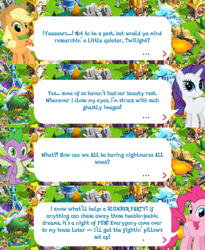 Size: 2045x2488 | Tagged: safe, imported from derpibooru, applejack, pinkie pie, rarity, spike, dragon, earth pony, pony, unicorn, applejack's hat, claws, cowboy hat, dialogue, dialogue box, english, event, female, gameloft, hat, horn, implied twilight sparkle, male, mare, mobile game, my little pony: magic princess, official, speech bubble, text, winged spike, wings