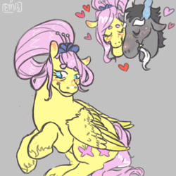 Size: 640x640 | Tagged: safe, artist:moth-in-the-broth, imported from derpibooru, discord, fluttershy, draconequus, pegasus, the last problem, antlers, blushing, discoshy, eyes closed, female, flower, flower in hair, gray background, heart, horn, interspecies, male, shipping, signature, simple background, snuggling, straight