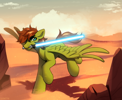 Size: 3411x2784 | Tagged: safe, artist:sugarstar, imported from derpibooru, oc, oc:kozzy, pegasus, pony, desert, lightsaber, mouth hold, running, sand, solo, spread wings, star wars, weapon, wings