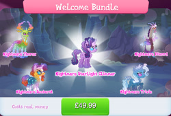 Size: 1263x858 | Tagged: safe, imported from derpibooru, discord, starlight glimmer, sunburst, thorax, trixie, changedling, changeling, draconequus, earth pony, pony, unicorn, bundle, collection, costs real money, english, female, gameloft, glasses, group, horn, horns, male, mare, mobile game, my little pony: magic princess, nightmare creature, nightmare forces, numbers, official, stallion, text