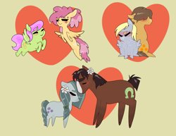 Size: 3300x2550 | Tagged: safe, artist:mizziazz, imported from derpibooru, derpy hooves, dizzy twister, hoops, marble pie, merry may, orange swirl, trouble shoes, earth pony, pegasus, pony, blushing, ditzyhoops, female, heart, lesbian, male, marbleshoes, mare, nuzzling, shipping, simple background, stallion, straight