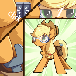 Size: 1000x1000 | Tagged: safe, artist:candy meow, imported from derpibooru, applejack, earth pony, pony, applejack's "day" off, applejack's hat, atg 2023, bag, belt, cheek fluff, chest fluff, cowboy hat, ear fluff, female, glasses, hammer, hat, mare, newbie artist training grounds, screwdriver, solo, wrench