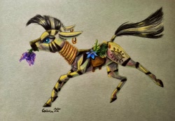 Size: 2460x1704 | Tagged: safe, artist:cahandariella, imported from derpibooru, zecora, zebra, colored pencil drawing, ear piercing, earring, female, filly, flower, foal, jewelry, piercing, running, solo, traditional art