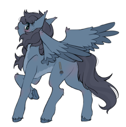 Size: 2164x2187 | Tagged: safe, artist:ruru_01, imported from derpibooru, oc, oc only, pegasus, pony, :p, blushing, commission, ear blush, ear fluff, hoof fluff, long mane, looking at you, male, raised hoof, simple background, solo, spread wings, stallion, tongue out, white background, wing fluff, wings