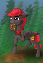 Size: 1200x1731 | Tagged: safe, artist:fess, imported from derpibooru, oc, oc only, oc:rosetta hask, pegasus, pony, clothes, donut, female, food, forest, mare, scarf, solo