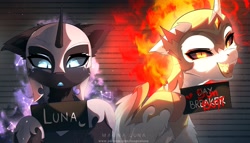 Size: 4096x2348 | Tagged: safe, artist:magnaluna, imported from derpibooru, daybreaker, nightmare moon, alicorn, pony, barbie mugshot meme, duo, female, high res, looking at you, mare, meme, mugshot, open mouth, open smile, signature, smiling, smiling at you