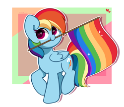 Size: 3928x3401 | Tagged: safe, artist:kittyrosie, imported from derpibooru, rainbow dash, pegasus, pony, abstract background, flag, mouth hold, pride flag, simple background