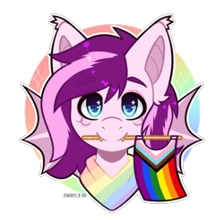 Size: 1026x1011 | Tagged: safe, artist:sailorr_s, imported from derpibooru, oc, oc only, oc:plum taffy, bat pony, commission, fangs, pride, pride flag, simple background, solo, transparent background, ych result