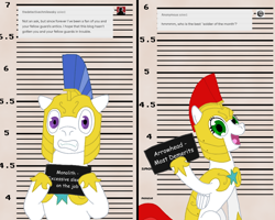 Size: 1280x1024 | Tagged: safe, artist:hakar-kerarmor, imported from derpibooru, oc, oc:arrowhead, oc:monolith, pegasus, pony, ask four inept guardponies, barbie mugshot meme, female, male, mare, meme, mugshot, royal guard, stallion