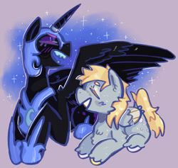 Size: 1330x1260 | Tagged: safe, artist:tottallytoby, imported from derpibooru, derpy hooves, nightmare moon, princess luna, alicorn, pegasus, pony, crack shipping, cutie mark, duo, female, horn, lesbian, lunaderp, shipping, wings