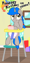 Size: 769x1617 | Tagged: safe, artist:nitei, imported from derpibooru, oc, oc only, oc:sprite, alicorn, alicorn oc, cake, candle, chair, diaper, diaper fetish, eyeroll, fetish, food, happy birthday, highchair, horn, solo, wings