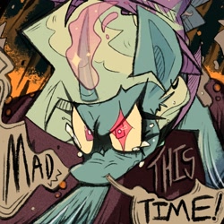 Size: 1980x1980 | Tagged: safe, artist:chocofloof, imported from derpibooru, pony, unicorn, angry, curved horn, dialogue, glowing, glowing horn, horn, mad this time, queen of misfits, solo, teary eyes, vylet pony