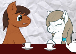 Size: 1050x750 | Tagged: safe, artist:jitterbug-cafe, imported from derpibooru, oc, oc only, oc:dusty (jitterbug-cafe), oc:mayia, pegasus, pony, cup, female, male, mare, stallion, teacup