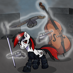 Size: 2000x2000 | Tagged: safe, artist:artevi, imported from derpibooru, oc, oc only, oc:blackjack, unicorn, fallout equestria, fallout equestria: project horizons, amputee, atg 2023, augmented, contrabass, cyber eyes, double bass, fanfic art, female, gun, handgun, horn, level 2 (project horizons), magic, mare, musical instrument, newbie artist training grounds, prosthetic limb, prosthetics, revolver, robot legs, shotgun, small horn, smiling, solo, sword, telekinesis, weapon