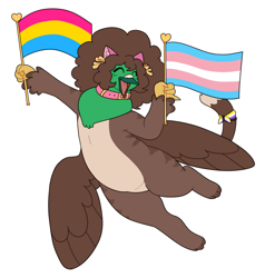 Size: 1401x1470 | Tagged: safe, artist:greenarsonist, imported from derpibooru, oc, oc only, oc:frizz, griffon, bow, cat ears, catboy, chubby, collar, flag, fluffy hair, flying, griffon oc, male, nonbinary, nonbinary pride flag, pansexual, pansexual pride flag, pride, pride flag, pride month, simple background, smiling, solo, trans male, transgender, transgender pride flag, transparent background, wings