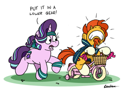 Size: 2328x1687 | Tagged: safe, artist:bobthedalek, imported from derpibooru, starlight glimmer, sunburst, pony, unicorn, atg 2023, bicycle, coat markings, dialogue, duo, exercise, female, gritted teeth, male, mare, newbie artist training grounds, nose in the air, simple background, socks (coat markings), stallion, straining, sweatband, teeth, training wheels, tricycle, white background