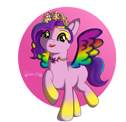 Size: 1280x1237 | Tagged: safe, artist:tenderrain-art, imported from derpibooru, pipp petals, pegasus, pony, adorapipp, bridlewoodstock, colored wings, cute, diadem, female, floral head wreath, flower, g5, headband, jewelry, makeup, mare, multicolored wings, my little pony: make your mark, my little pony: make your mark chapter 4, open mouth, open smile, rainbow wings, regalia, smiling, solo, standing on two hooves, wings