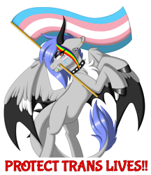 Size: 2064x2385 | Tagged: safe, artist:melodytheartpony, imported from derpibooru, spike, oc, oc:melody silver, dracony, dragon, hybrid, pony, asexual, asexual pride flag, barb, bat wings, choker, collar, doodle, eyeshadow, fangs, feathered wings, female, feral, flag waving, horns, looking at you, makeup, on hind legs, piercing, pride, pride flag, pride month, rule 63, signature, simple background, spiked choker, spread wings, standing, transgender pride flag, white background, wings