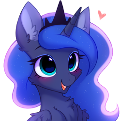 Size: 3000x3000 | Tagged: safe, artist:pesty_skillengton, imported from derpibooru, princess luna, alicorn, pony, blushing, chest fluff, crown, cute, ear fluff, female, heart, jewelry, lunabetes, mare, open mouth, open smile, regalia, simple background, smiling, solo, white background