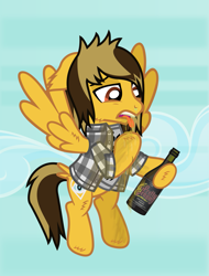 Size: 1249x1645 | Tagged: safe, alternate version, artist:lightningbolt, derpibooru exclusive, imported from derpibooru, pegasus, pony, .svg available, alcohol, alex gaskarth, all time low, bottle, cheek fluff, clothes, cloud, disgusted, dyed mane, dyed tail, ear fluff, floppy ears, flying, hoof fluff, hoof hold, lidded eyes, male, open clothes, open mouth, open shirt, ponified, rolled up sleeves, shirt, show accurate, sky, solo, spread wings, stallion, svg, t-shirt, tail, tail feathers, tongue out, vector, vomit, wings