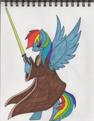 Size: 1696x2200 | Tagged: safe, artist:onixlordofdragons, imported from derpibooru, rainbow dash, pegasus, pony, bipedal, clothes, hoof hold, jedi, lightsaber, old art, robe, simple background, solo, star wars, traditional art, weapon, white background