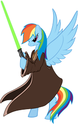 Size: 3827x6000 | Tagged: safe, artist:fabulouspony, artist:onixlordofdragons, edit, imported from derpibooru, rainbow dash, pegasus, pony, absurd resolution, bipedal, clothes, hoof hold, jedi, lightsaber, old art, robe, simple background, solo, star wars, transparent background, vector, weapon