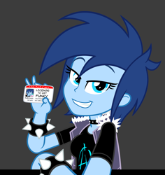 Size: 2100x2224 | Tagged: safe, artist:earth_pony_colds, imported from derpibooru, oc, oc:frosty, equestria girls, absurd resolution, blue eyes, blue skin, choker, id card, license, show accurate, simple background, smug, solo, spiked wristband, wristband