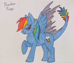 Size: 3595x3068 | Tagged: safe, artist:onixlordofdragons, imported from derpibooru, rainbow dash, dracony, dragon, hybrid, pony, concave belly, crossover, dragonified, how to train your dragon, hybrid wings, old art, rainbow dragon, rainbow tail, raised hoof, simple background, solo, species swap, tail, toothless the dragon, traditional art, white background, wings