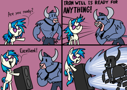 Size: 2048x1448 | Tagged: safe, artist:ewoudcponies, imported from derpibooru, dj pon-3, iron will, vinyl scratch, minotaur, pony, unicorn, 4 panel comic, comic, dialogue, duo, duo male and female, female, male, mare, speaker