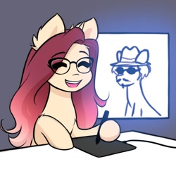 Size: 1000x1000 | Tagged: safe, artist:katputze, imported from derpibooru, oc, oc only, oc:crimson sunset, pony, unicorn, drawing tablet, eye clipping through hair, eyebrows, eyebrows visible through hair, eyes closed, female, glasses, gray background, hoof hold, mare, open mouth, open smile, simple background, smiling, solo, stylus