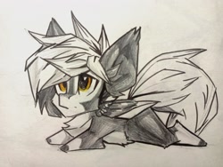 Size: 2560x1920 | Tagged: safe, artist:tlen borowski, imported from derpibooru, oc, oc only, oc:deka, pegasus, pony, chest fluff, chibi, colored wings, lying down, monochrome, neo noir, partial color, pegasus oc, prone, sketch, solo, traditional art, two toned coat, two toned mane, two toned wings, wings