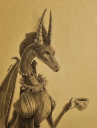 Size: 1436x1900 | Tagged: safe, artist:cahandariella, imported from derpibooru, smolder, dragon, adult, bust, clothes, cup, dragoness, dress, female, jewelry, makeup, monochrome, newbie artist training grounds, older, pencil drawing, solo, teacup, traditional art