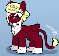 Size: 1456x1396 | Tagged: safe, artist:yamston, imported from derpibooru, oc, oc only, oc:duchess gelt, sphinx, 2023, blonde, braid, female, flower, glasses, living the dream, pink eyes, solo, sphinx oc, tail, wings