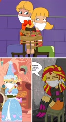 Size: 2178x4035 | Tagged: safe, artist:robukun, imported from derpibooru, applejack, megan williams, sunset shimmer, human, equestria girls, bondage, bound and gagged, cloth gag, clothes, damsel in distress, dress, ear piercing, flower, flower in hair, froufrou glittery lacy outfit, g1, gag, hat, hennin, humanized, penny gadget, piercing, princess, princess applejack, tied to chair, tied up