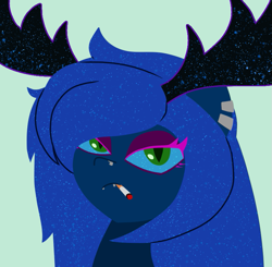 Size: 803x786 | Tagged: safe, artist:yamston, imported from derpibooru, oc, oc only, oc:scayla, pony, antlers, blue coat, blue mane, cigarette, colored sclera, ear piercing, eyeshadow, green eyes, living the dream, makeup, piercing, simple background, solo