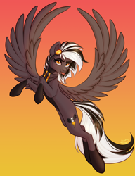 Size: 2564x3333 | Tagged: safe, artist:mxiiisy, imported from derpibooru, oc, oc only, oc:zephyr corax, oc:zephyrai, pegasus, :p, accessory, bandana, black and white mane, coat markings, cutie mark, flying, full body, gray coat, looking at you, simple background, socks (coat markings), solo, spread wings, tongue out, two toned coat, wings, yellow eyes