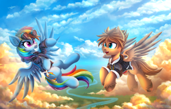 Size: 5000x3201 | Tagged: safe, artist:atlas-66, imported from derpibooru, rainbow dash, pegasus, pony, clothes, cloud, flying, goggles, river