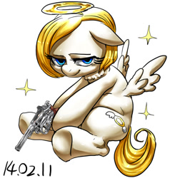 Size: 600x630 | Tagged: safe, artist:nekubi, imported from derpibooru, oc, oc only, pegasus, pony, gun, handgun, lidded eyes, looking at you, neck fluff, nimbus, revolver, simple background, sitting, smiling, solo, weapon, white background