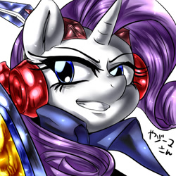 Size: 600x600 | Tagged: safe, artist:nekubi, imported from derpibooru, rarity, pony, unicorn, bust, clothes, cosplay, costume, female, japanese, portrait, simple background, smiling, smirk, solo, translation request, white background