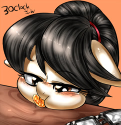 Size: 600x618 | Tagged: safe, artist:nekubi, imported from derpibooru, writing desk, pony, blushing, bust, desk, eating, female, floppy ears, glasses off, japanese, mare, portrait, solo