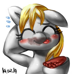 Size: 600x616 | Tagged: safe, artist:nekubi, imported from derpibooru, derpy hooves, pony, arm behind head, blushing, bust, eating, emanata, eyes closed, female, holding, mare, simple background, solo, sweat, sweatdrops, tongue out, white background