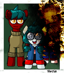 Size: 779x886 | Tagged: safe, artist:yamston, imported from derpibooru, oc, oc only, oc:babel yarn, oc:red storm, oc:viviana, earth pony, pegasus, pony, 2023, clothes, earth pony oc, family photo, female, glasses, green hair, hoodie, living the dream, male, mare, obscured face, pegasus oc, pigtails, red coat, smug, stallion, sweater, trio, wings, yellow eyes