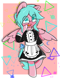 Size: 1497x1951 | Tagged: safe, artist:lavsunrise, imported from derpibooru, oc, oc only, oc:nano(nanopone), pegasus, semi-anthro, clothes, front view, glasses, maid, raised hoof, smiling, solo, spread wings, wings