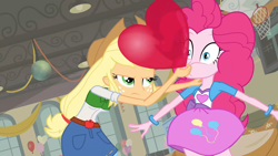 Size: 1920x1080 | Tagged: safe, imported from derpibooru, screencap, applejack, pinkie pie, equestria girls, equestria girls (movie), balloon, blowing up balloons, clothes, cowboy hat, fall formal, hat, inflating, skirt, skirt lift