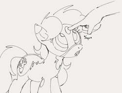 Size: 995x760 | Tagged: safe, artist:dotkwa, imported from derpibooru, oc, oc only, oc:deary dots, earth pony, human, pony, boop, disembodied hand, female, forehead boop, gray background, grayscale, hand, mare, monochrome, simple background, solo focus