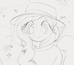 Size: 1228x1087 | Tagged: safe, artist:dotkwa, imported from derpibooru, fluttershy, bee, insect, pegasus, pony, beekeeper, female, gray background, grayscale, mare, monochrome, simple background, sketch, smiling, solo